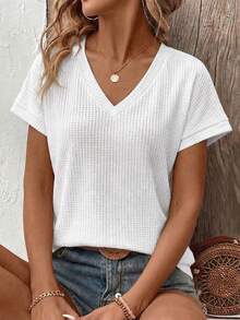 EMERY ROSE Casual Basic Basic Solid Color Short Sleeve T-Shirt, Versatile For Summer Everyday White Vacation - White - View 6