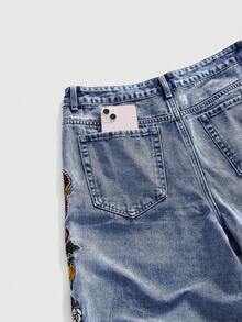 ROMWE MEN Street Life Quần short denim nam mùa hè, kiểu dáng thường ngày, túi xéo, thêu hoa. - Màu xanh lam - Xem 4