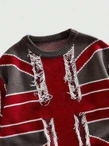 ROMWE MEN Men's Vintage Distressed Flag Print Crew Neck Knit Sweater - Grey - View 3