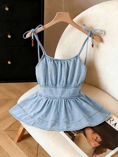 Sunnyshic Women's Vacation Casual Cinched Camisole Denim Top