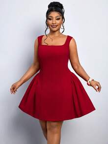 SHEIN PETITE CURVE Đầm không tay dáng ôm, màu trơn, cổ vuông, cỡ lớn, thanh lịch - Đỏ - Xem 3