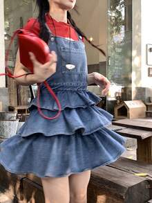DAZY Women's Solid Color Square Neck Sleeveless Ruffle Hem Denim Summer Dress - Blue - View 2