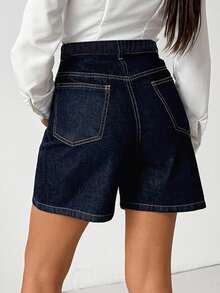 SHEIN High Waist Raw Dark Blue Wash Smart Casual Style Woman Denim Jean Button Closure - Dark Wash - View 2