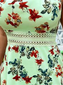 SHEIN Holidaya 女士印花撞色蕾丝夏季度假连衣裙 - 綠色 - 查看 5