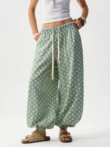 Bohemela 休闲波点图案抽绳宽松女裤 女士夏季裤 泡泡裤 - 水鴨藍 - 查看 4