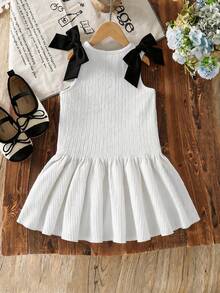 Genkimix Kids Young Girl' Elegant Textured Blue Dress With Pearl Buttons And Bow Accent - Black and White - View 2