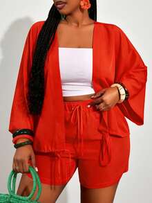 Slaydiva 2pcs/Set Plus Size Women's Music Festival Tie Front Long Sleeve Top And Shorts,Red And White,Autumn,Smart Casual,Vacation Orange Kimonos Yacht Outfit - Orange - View 11