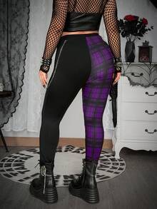 Whyspr 加大码朋克格子拼接镂空弹力腰紧身裤，春夏款 - 紫色 - 查看 2