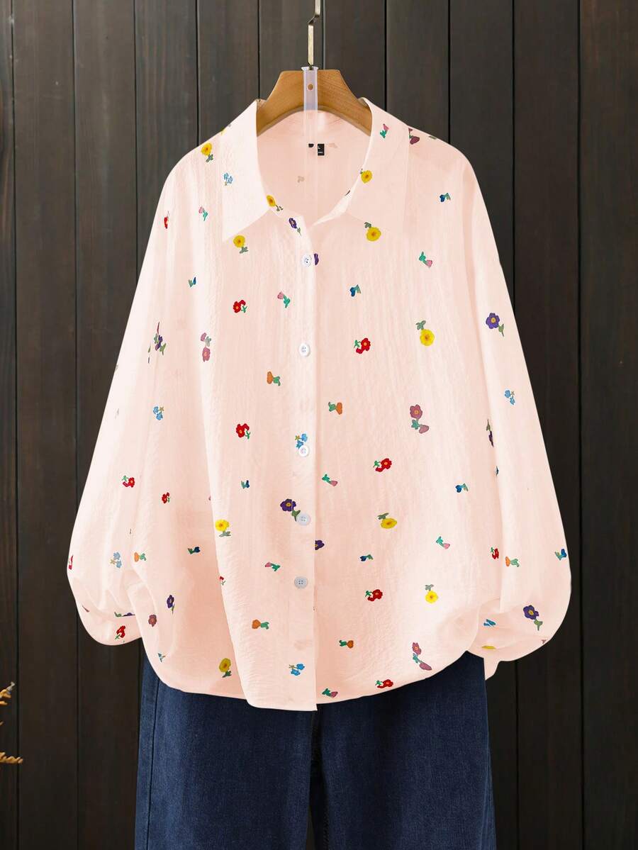 SHEIN LUNE 大码春秋新款印花休闲白色长袖衬衫,适合工作、休闲和度假穿着。 - 粉色 - 查看 1