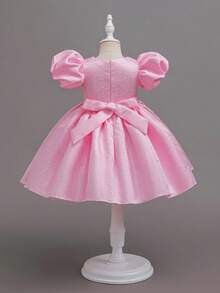 SHEIN Glamorique Kids 女童碎花腰部蓬蓬薄纱连衣裙，优雅派对礼服，泡泡袖设计，适合所有季节 - 粉色 - 查看 5