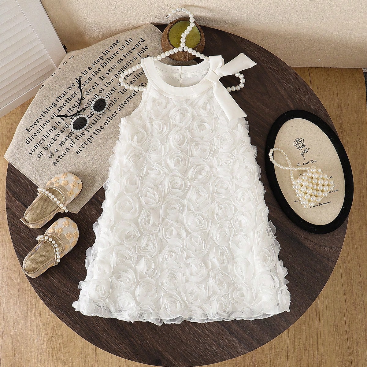Vestido de malla 3D con flores para niñas, vestido casual suelto con lazo dulce para niñas, vestido de princesa sin mangas para verano para niñas,