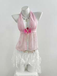 Flirla Women's V-Neck Backless Pastal Textured Beaded Tassel Halter Top Fairy-Core Summer Holiday Tea Party Golf Beach Vacation Birthday Sexy - Pink - View 7