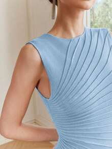 Anewsta Elegant Solid Color Heavyweight Knit Sleeveless Asymmetrical Pleated Sweater Dress, Suitable For Early Spring, Autumn, Formal, Party, Fashionable Occasions - Blue - View 1