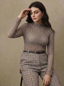 Anewsta 大码时尚复古棕色格子修身轻薄长袖夏季上衣 - 棕色 - 查看 3