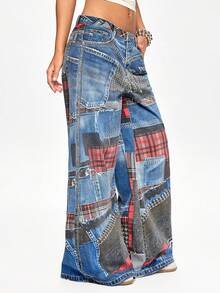 ROMWE 新款春秋季女式拼接印花破洞喇叭牛仔裤，时尚喇叭裤 - 彩色 - 查看 5