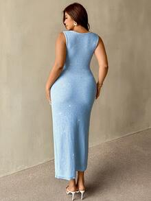 Auralis Plus Size Women's Starfish Embellished Square Neck Sleeveless Fitted Knit Dress Wow Dress Women's Dress Women's Dress Spring/Summer Beach Vacation Resort Blue Dress For Women - Blue - View 3
