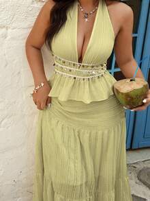 Sunnyshic Plus Size Women Sexy Backless Bohemian Style Shell Decor Camisole, Apricot - Yellow - View 4