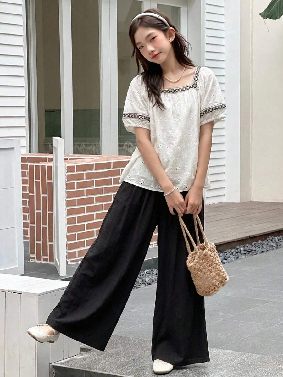 2pcs/Set Teen GirlRound Neck Woven Short Sleeve Shirt And Pants Set, Summer - Black and White - View 1