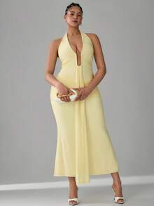 SHEIN Tall CURVE Plus Size Elegant Sexy Solid Color Backless Halter Fishtail Dress - Yellow - View 6