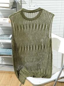 Manfinity Homme Plus Size Men's Casual Solid Color Knit Vest Vacation Olive Green Autumn Vacation Vacation - Green - View 2