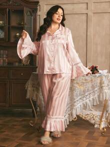 Côtesoire French Romantic Lace Patchwork Vertical Striped Jacquard Lapel Open Front Plus Size Women PJS Sleepwear For Women Satin Pajamas Set - Pink - View 3