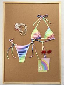 Swim Mod New Crinkle Striped Blue & White Spaghetti Strap Twist Side High Cut Bikini 2 Pieces Swimsuit Set For Beach Vacation - Multicolor - View 3