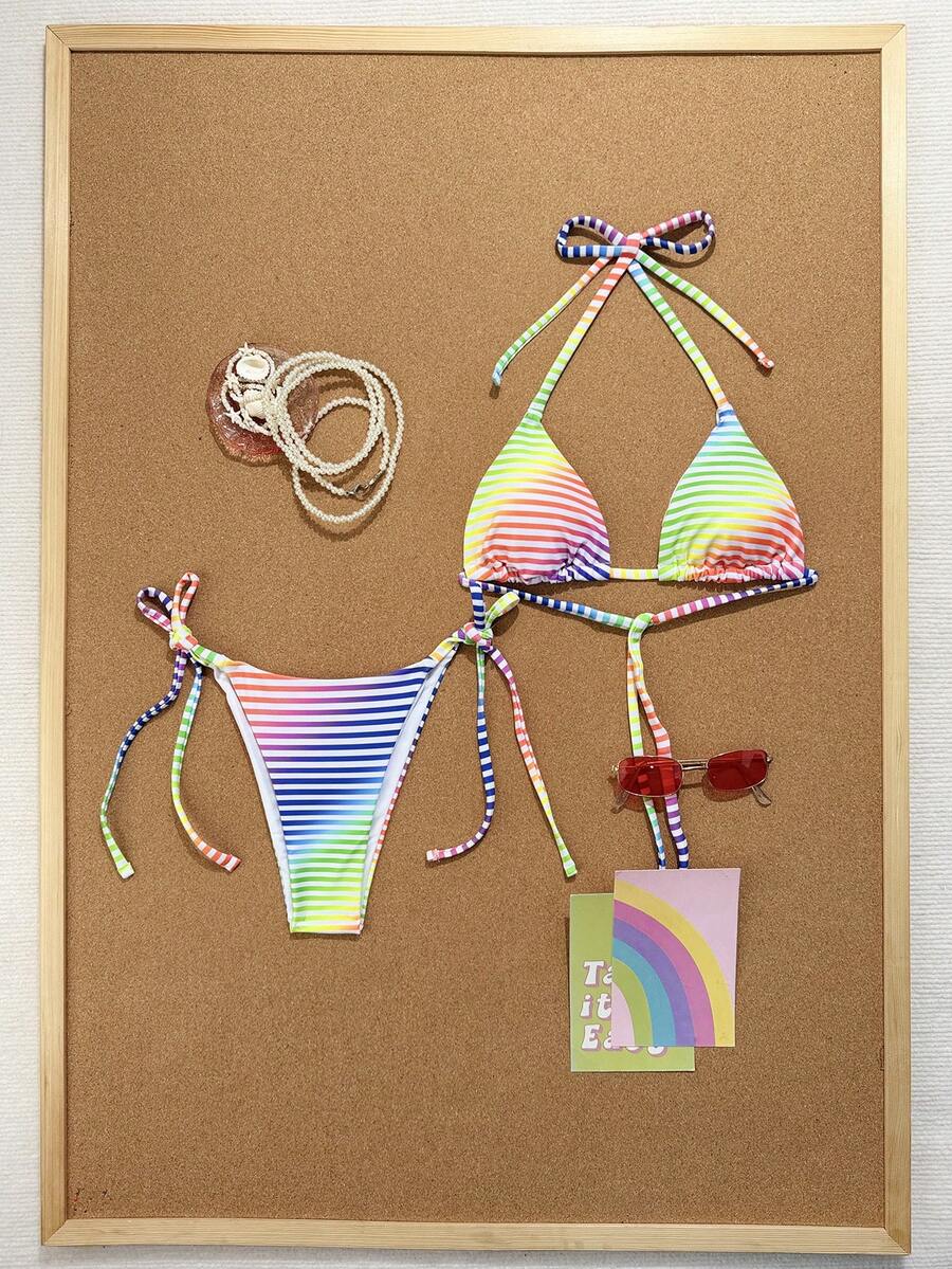 Swim Mod 新款褶皱条纹蓝白细肩带扭结侧高衩比基尼两件套泳衣，适合海滩度假 - 彩色 - 查看 1