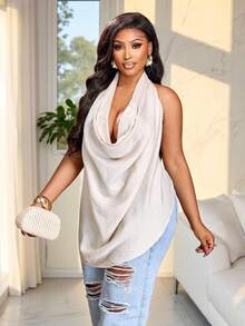 Brilight Halter Cowl Neck Women's Tank Top In Apricot Woven Fabric Style With Tie Back - Apricot - View 9