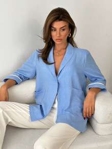 Women, Spring, Summer, Boho, Button, Blazer Fake Linen - Blue - View 7