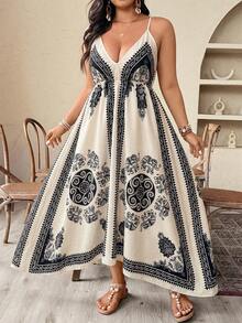 Weeklong Plus Size Women Elephant Print Asymmetric Strap Vacation Dress - Apricot - View 4