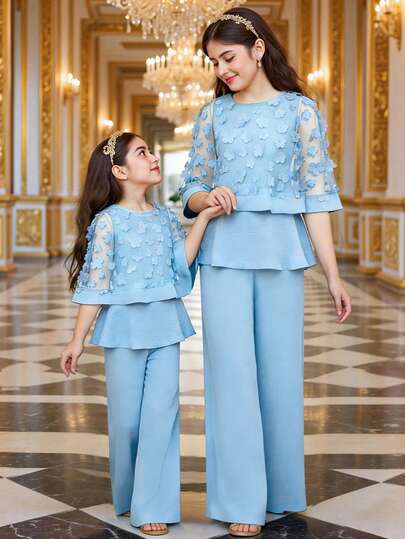 SHEIN 时尚、优雅、个性化的三件套，采用透视网纱、薄纱面料、3D立体花卉图案、可拆卸肩片、修身剪裁、百搭背心和宽松阔腿裤。