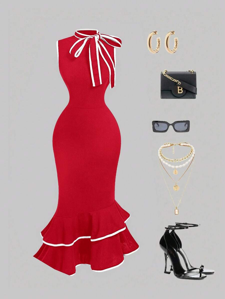 SHEIN MOD Sleeveless Dress With Ribbon Collar For Women,Red Dress - Red - View 1