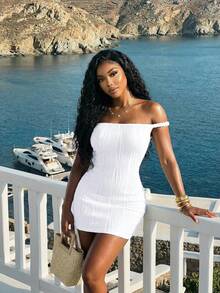 Slaydiva Summer Fashion Basics, Versatile, Casual And Elegant, Suitable For Vacations, Travel, Beaches, Seaside, Pools, Yachts, Sunbathing. A , Sexy, And Elegant Women's Mini Dress In White Jacquard Wavy Stripe Fabric With A Cable Knit Back And Ruched Details-Z - White - View 2