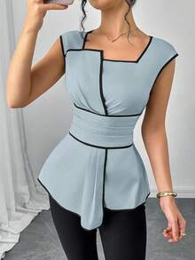 SHEIN Clasi 女士不对称下摆收腰衬衫，袖口带罗纹 - 淺色水洗藍 - 查看 6