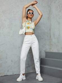 SHEIN ICON Casual Versatile Commute High Waist Solid Color Jeans - White - View 6