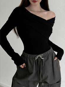 DAZY Solid Asymmetrical Neck Slim Tee,Fall Clothes Long Sleeve Women Tops - Black - View 9