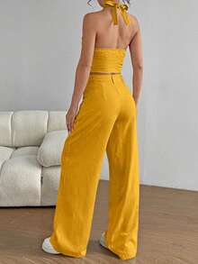 SHEIN PETITE Women's Single-Breasted Halter Top And Wide-Leg Pants Casual Two Pieces Set - Yellow - View 2