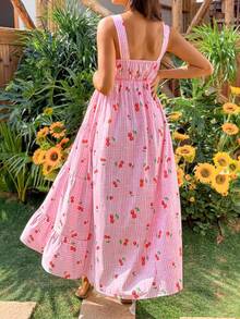 SHEIN Đầm bầu không tay họa tiết kẻ caro và quả anh đào - Nhiều màu - Xem 2