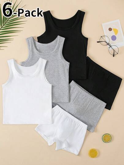 Bộ 6 món cho bé trai, chất liệu cotton pha, màu trắng, xám, xanh navy, gồm quần lót và áo lót, size 4-7 tuổi.