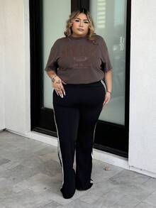 SHEIN Unity Women's Plus Size Patchwork Side Split Flare Pants, For Apple & Rounded Body Shape - Black - View 3