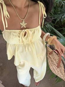 SHEIN EZwear 纯色吊带系带荷叶边下摆休闲编织女式夏季套装 - 黃色 - 查看 5