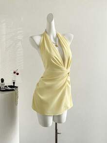 SHEIN Sweetro Đầm cổ yếm màu trơn kiểu Âu và Mỹ, đầm ôm sát gợi cảm hở lưng mùa hè mới. - Màu vàng - Xem 5