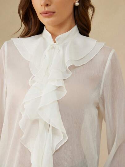 Aveloria Rosie New Shiny Chiffon French Style Layered Ruffle Trim Long Sleeve Blouse, Casual Vacation Versatile Work Occasion Wear For Women