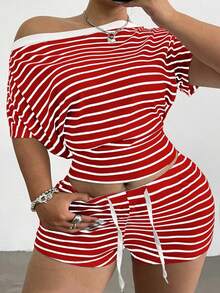 Flirla Plus Size Striped Off-Shoulder Sexy Top & Drawstring Casual Shorts Set For Women - Multicolor - View 1