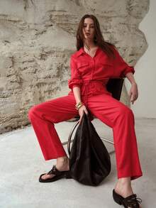 MOTF PREMIUM WOMEN'S LINEN FLOWY TASSEL WAIST TIE LOOSE JUMPSUIT, SPRING/SUMMER - Red - View 4