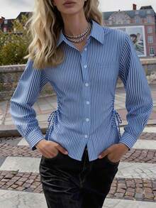 Ciel Poise Women's Blue And White Stripe Blouses,Autumn Chic City Break Slim Fit Waist Ruched Vertical Stripes Pointed Collar Curved Hem Urban Commute Blouse - Baby Blue - View 1