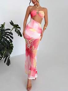 Aloruh Women's New Elegant Romantic Printed Dress/Beach Holiday Dress/Summer Dress/Sexy Hollow Out Dress Hawaii Dresses Sunset Dresses Long Dress Vacation Tequila Sunrise Dress Hawaii Outfits Women - Multicolor - View 6