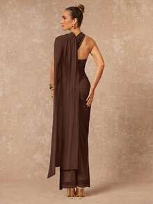 Lumalex VITNOS 秋冬新款高端优雅奶油黄简约时尚露背（可拆卸亮片）胸前荷叶边下摆网纱透明鱼尾连衣裙，适合约会、度假、派对、婚礼、伴娘活动、晚礼服 - 棕色 - 查看 2