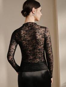 Anewsta Áo ren dài tay ôm dáng kiểu Pháp cổ điển, xuyên thấu. - màu đen - Xem 3