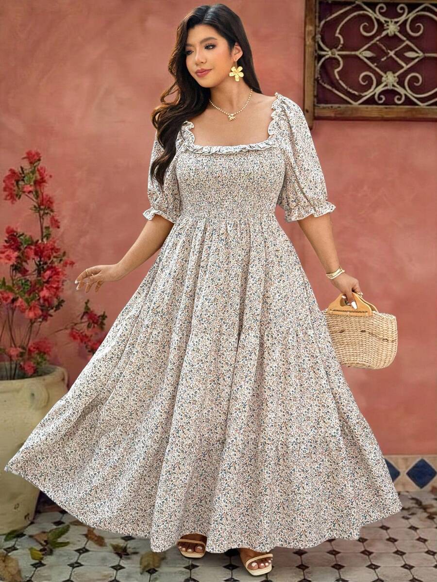 Vionelle 大码女士优雅碎花荷叶边方领短袖A字中长连衣裙 - 彩色 - 查看 1